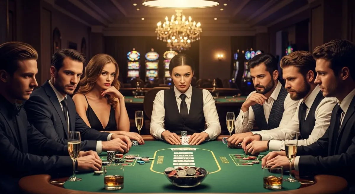 Roulette Live Krupierka i gracze pokerowi z żetonami przy stole w kasynie