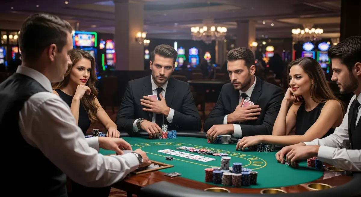 Roulette Live Eleganccy gracze pokera przy stole w kasynie z kartami i żetonami