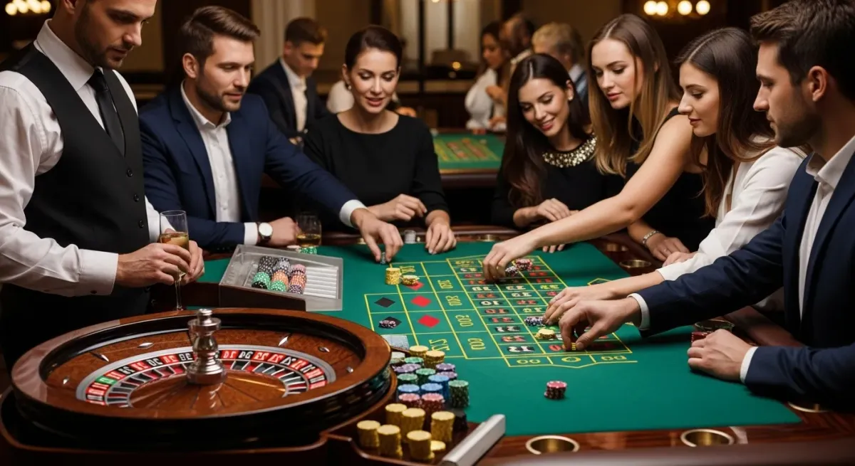 Roulette Live Eleganccy goście stawiają zakłady przy stole do ruletki w kasynie