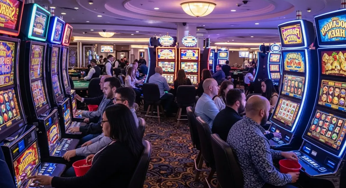 Roulette Live Hazardziści grają na automatach slotowych w zatłoczonym kasynie