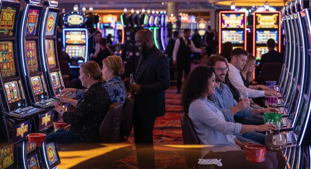 Roulette Live Uśmiechnięci ludzie grający na automatach do gier w kasynie