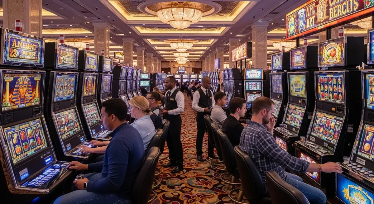 Roulette Live Gracze i obsługa w luksusowym kasynie z rzędami automatów do gier