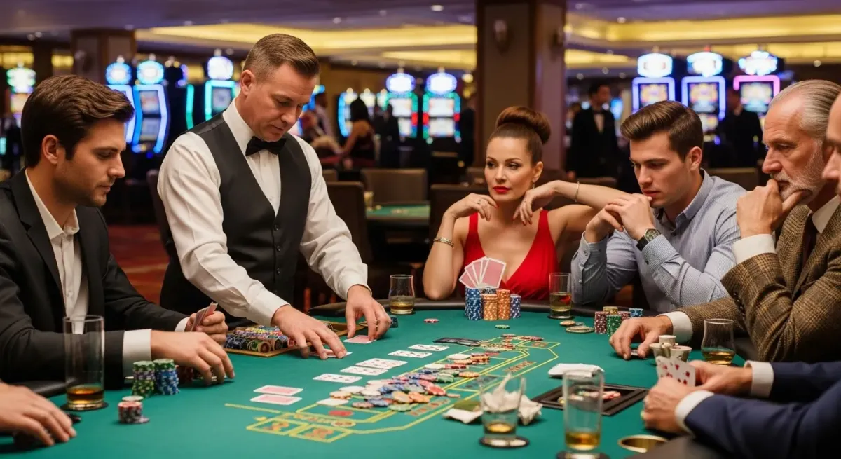 Roulette Live Ludzie grający w pokera przy stole w kasynie z krupierem