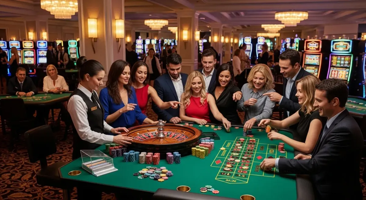 Roulette Live Grupa ludzi grających w ruletkę w luksusowym kasynie