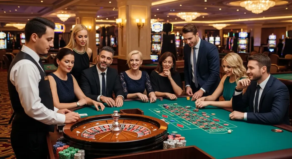 Roulette Live Krupier i gracze przy stole do ruletki w luksusowym kasynie