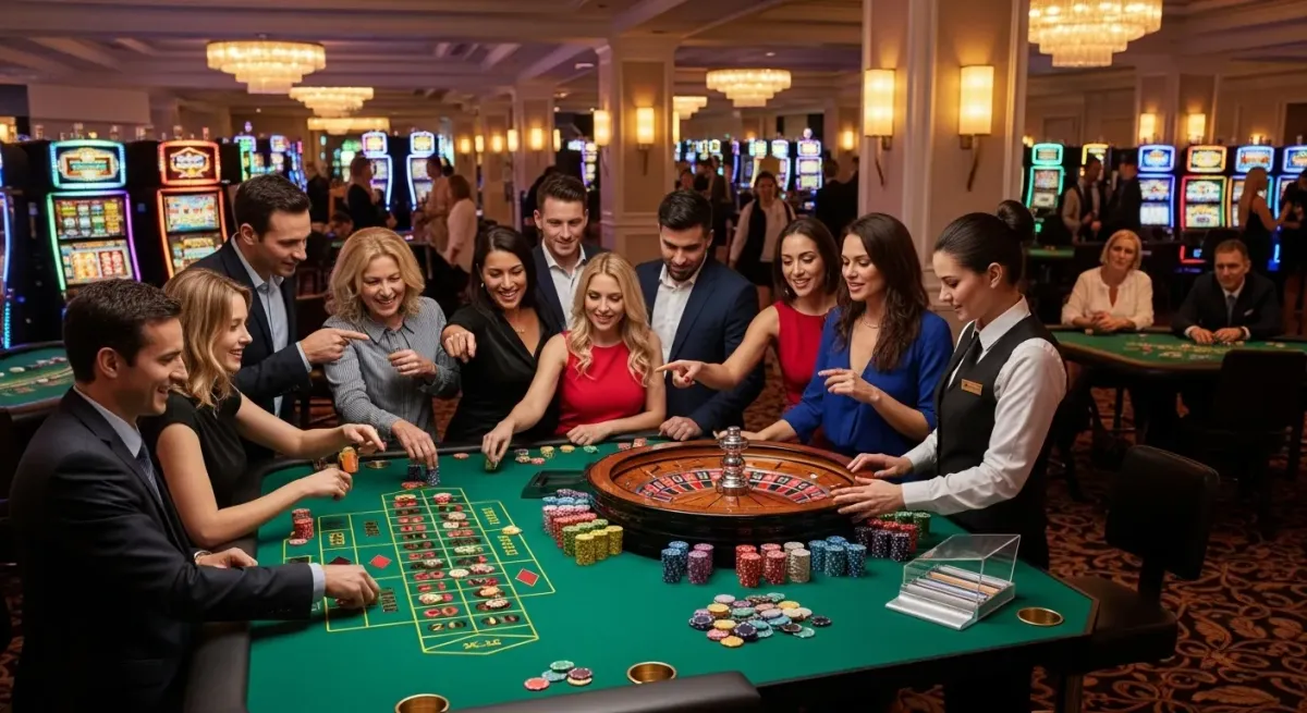 Roulette Live Ludzie grający w ruletkę z krupierem w luksusowym kasynie