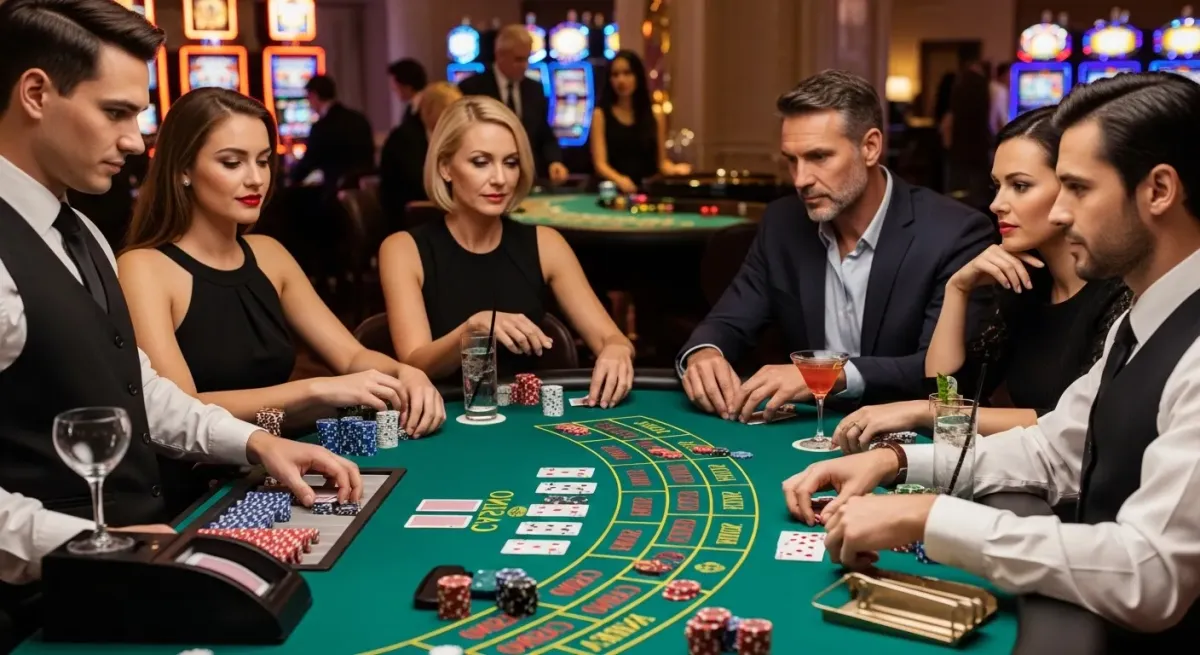 Roulette Live Eleganccy gracze w kasynie stawiają żetony na zielonym stole