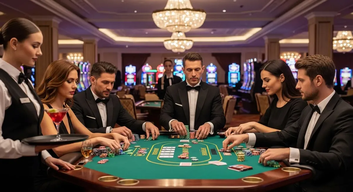 Roulette Live Eleganccy gracze w kasynie przy stole pokerowym