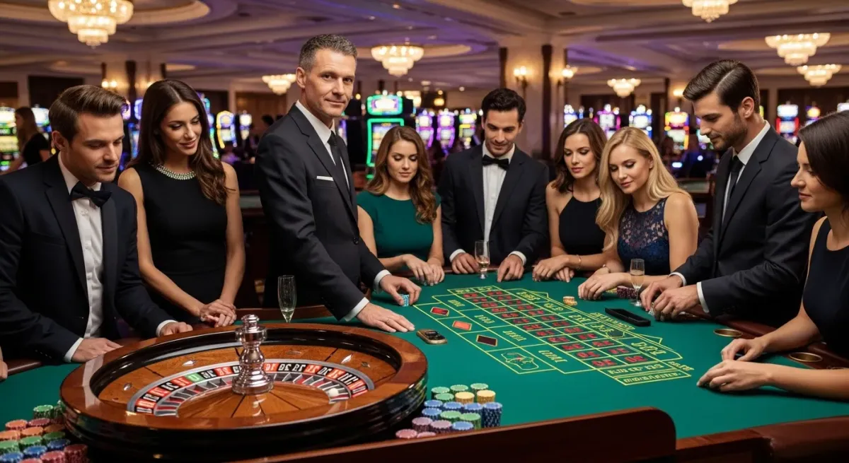 Roulette Live Eleganccy ludzie grający w ruletkę z krupierem w kasynie